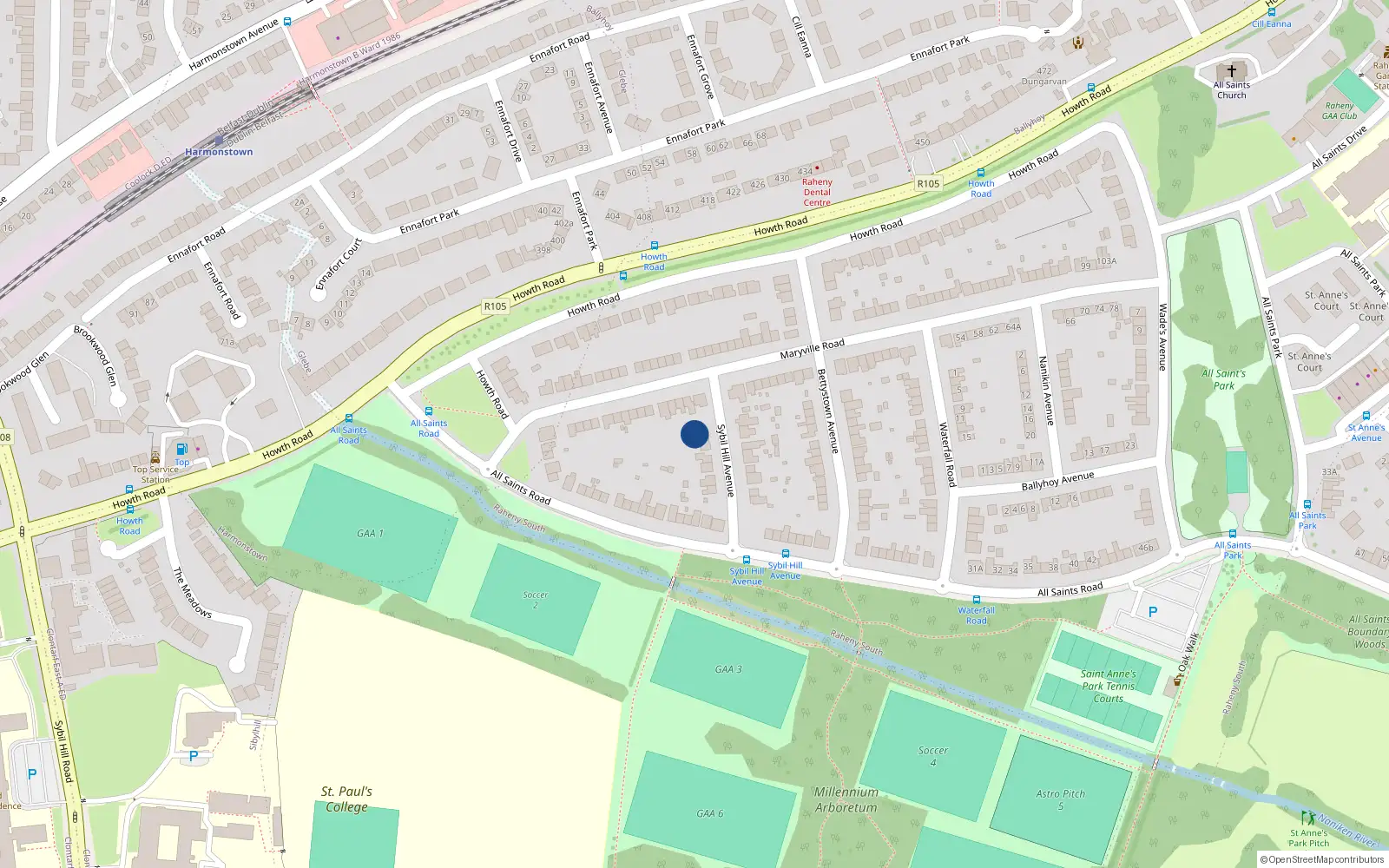 Overhead map showing the location of 2 Sybil Hill Avenue, Dublin 5