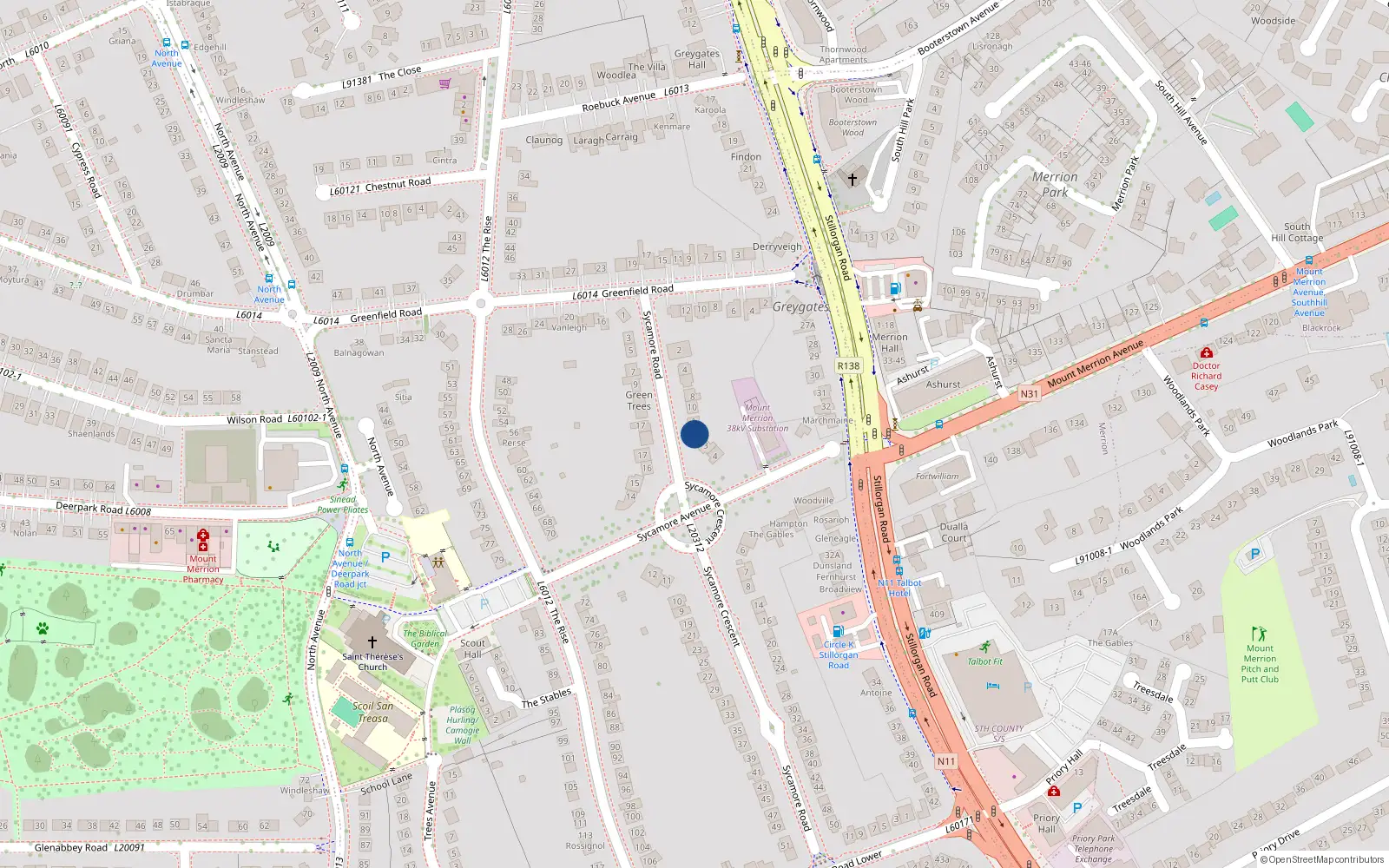 Overhead map showing the location of 2 Sycamore Crescent, Mount Merrion, Blackrock