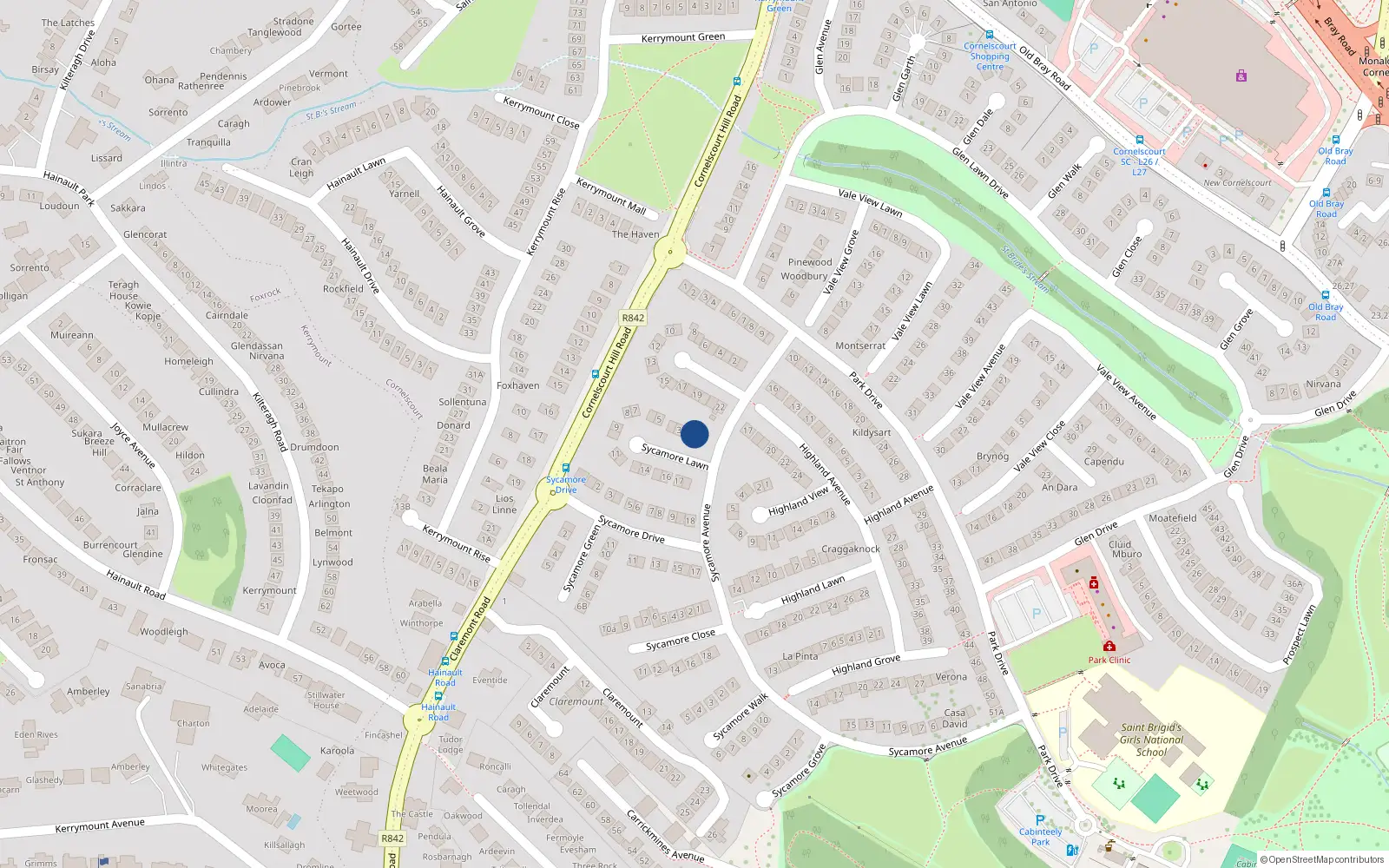 Overhead map showing the location of 2 Sycamore Lawn, Dublin 18