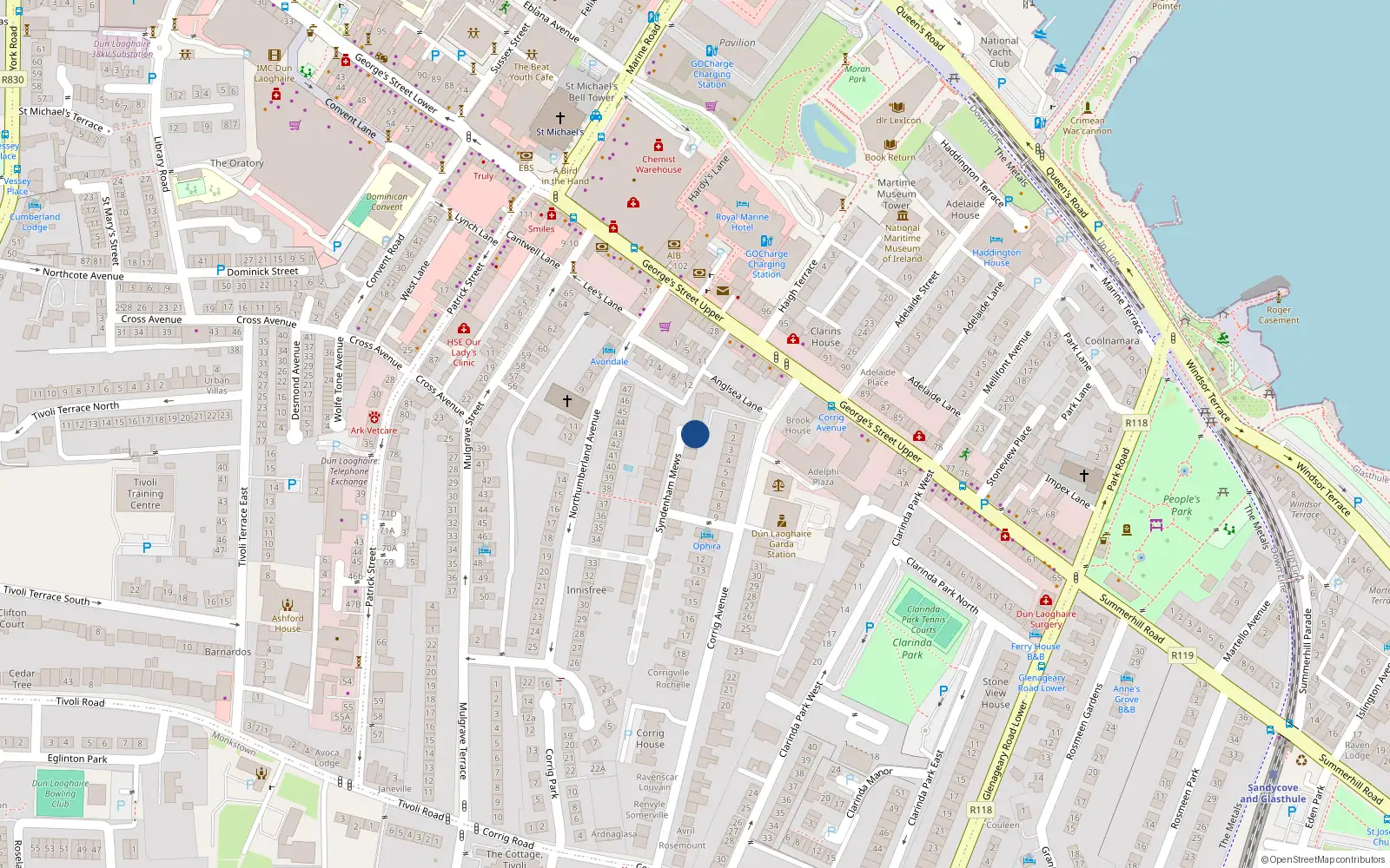 Overhead map showing the location of 2 Sydenham Mews, Dun Laoighre