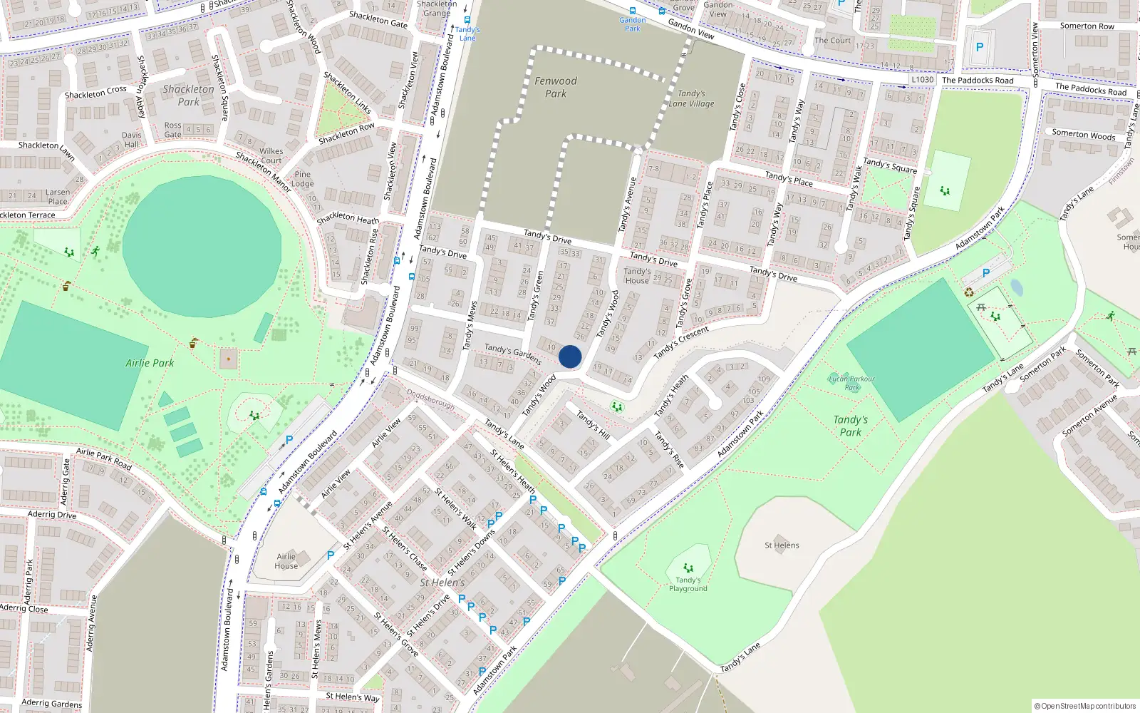 Overhead map showing the location of 2 Tandy's Gardens, Adamstown, Lucan