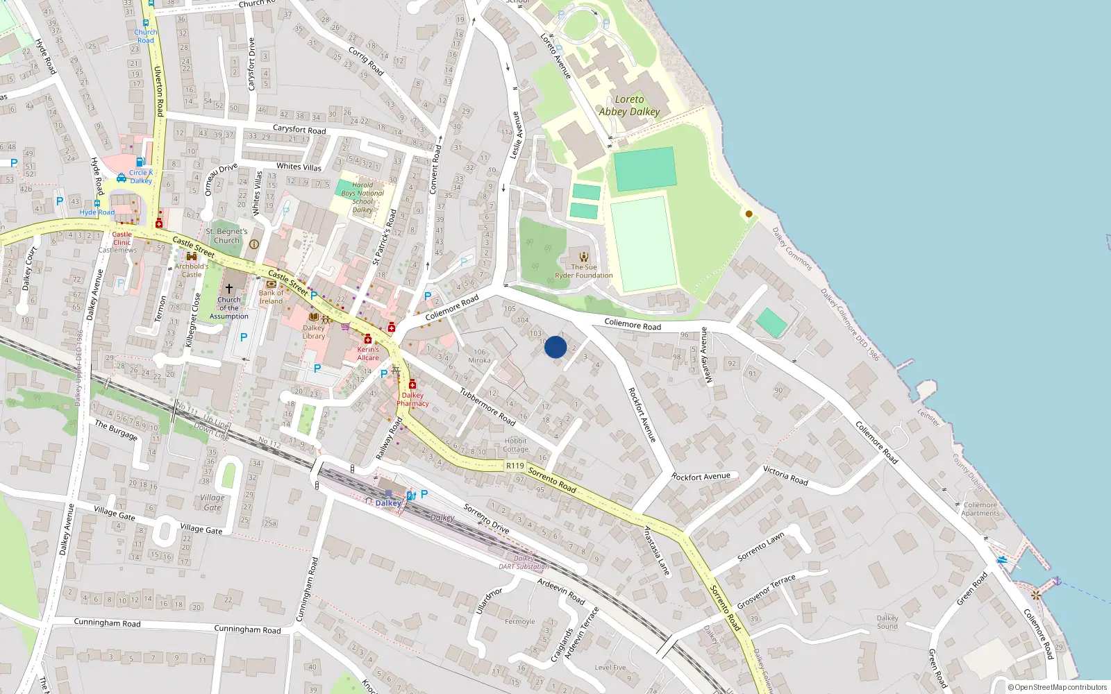 Overhead map showing the location of 2 Tempe Terrace, Dalkey, Dublin