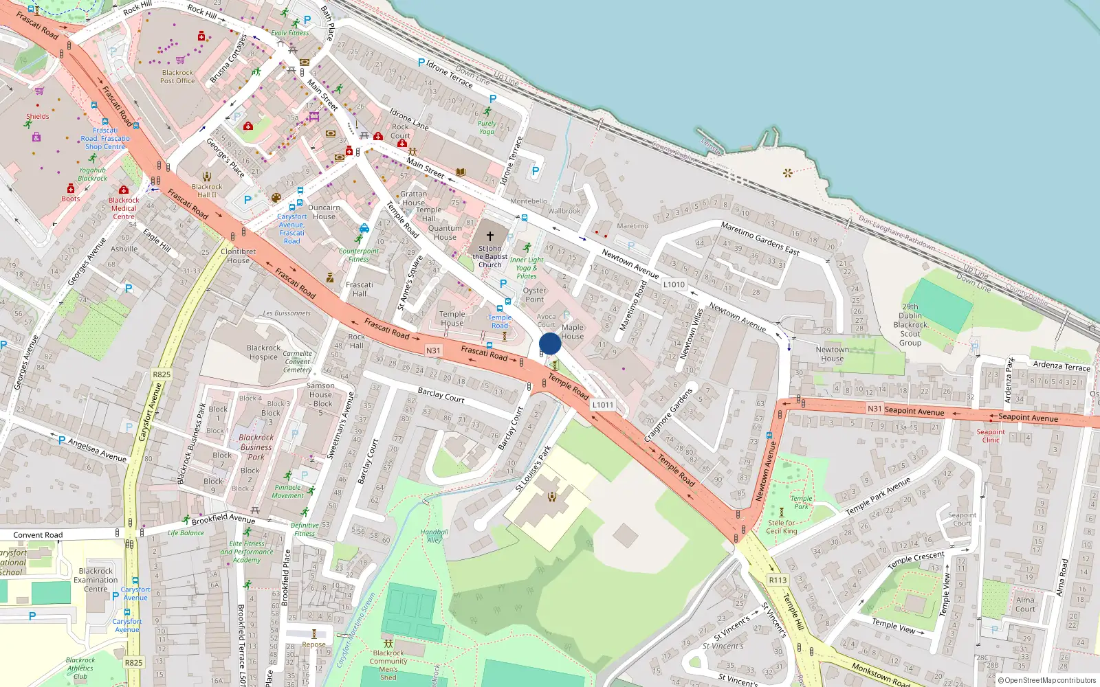 Overhead map showing the location of 2 Temple Road, Blackrock