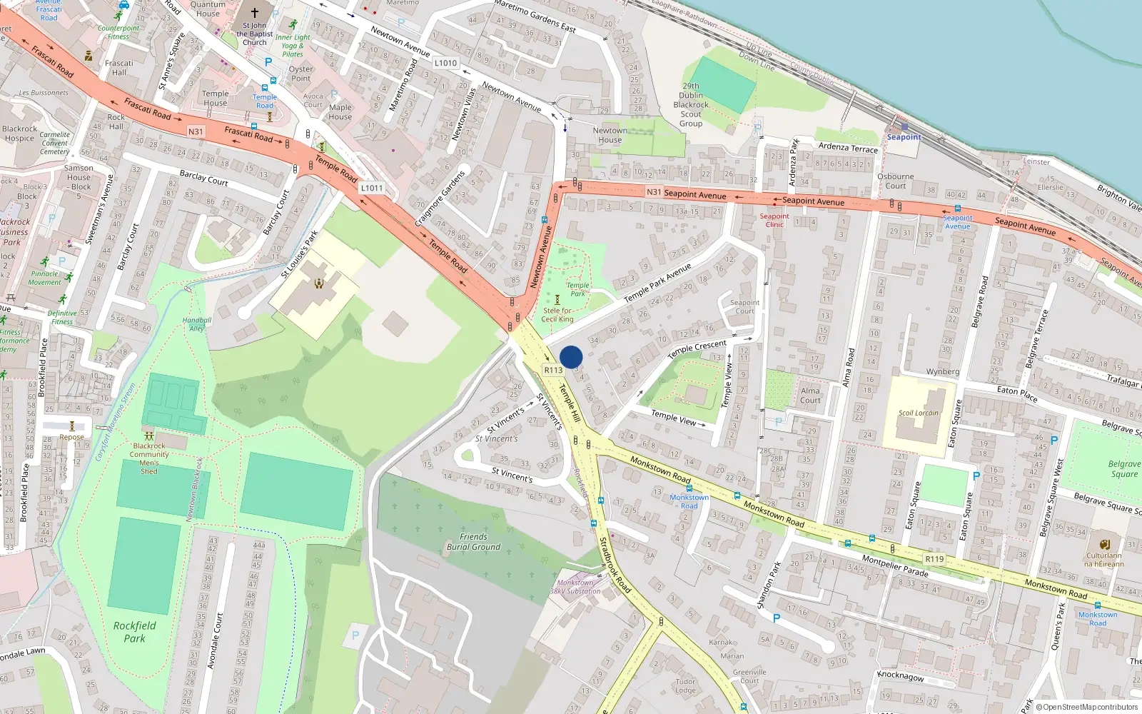 Overhead map showing the location of 2 Temple Hill, Monkstown