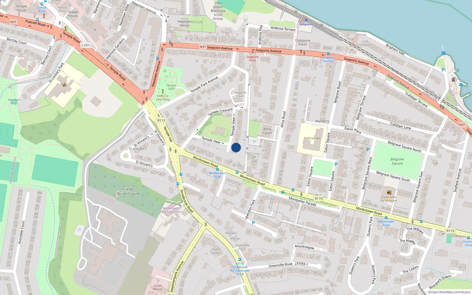Overhead map showing the location of 2 Temple View, Blackrock