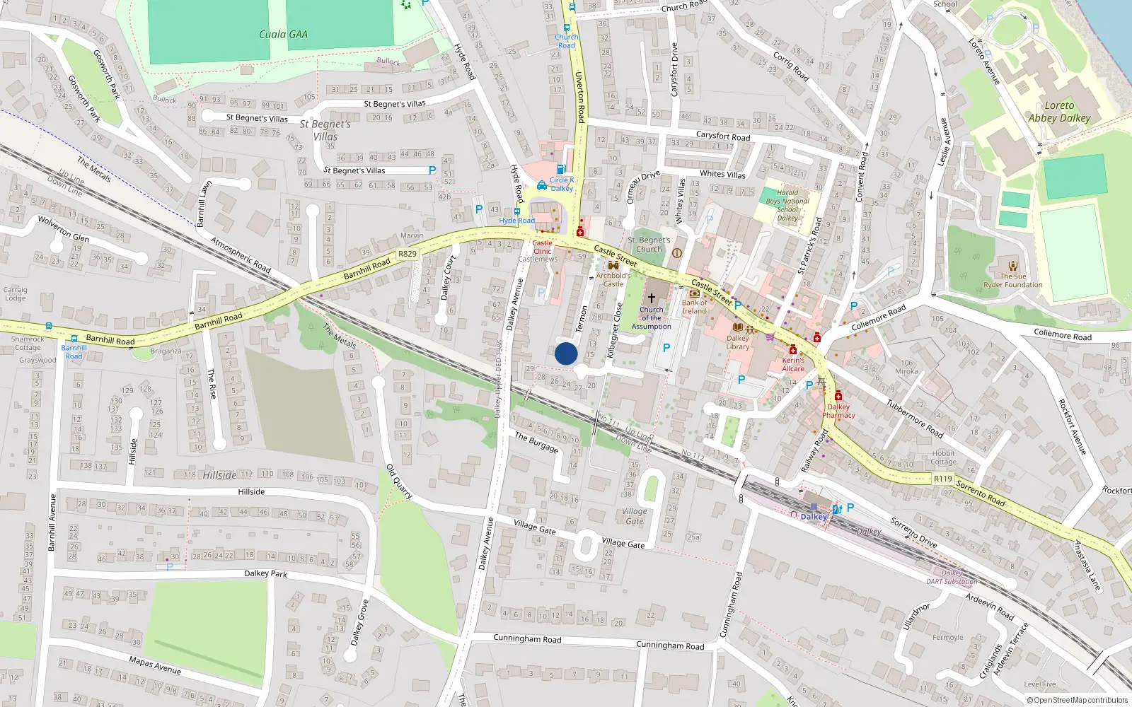 Overhead map showing the location of 2 Termon, Castle St, Dalkey