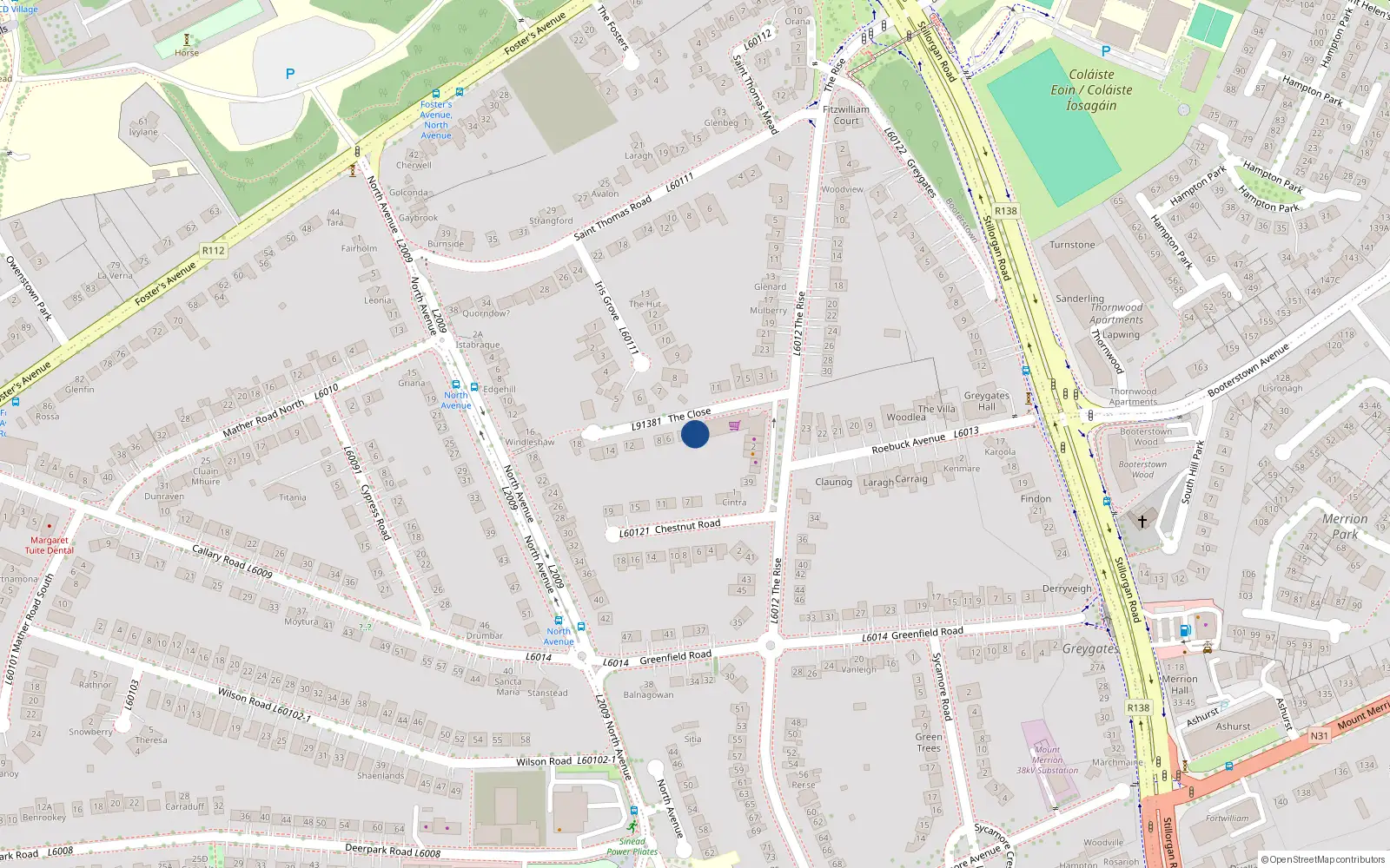 Overhead map showing the location of 2 the Close, Mount Merrion, Dublin