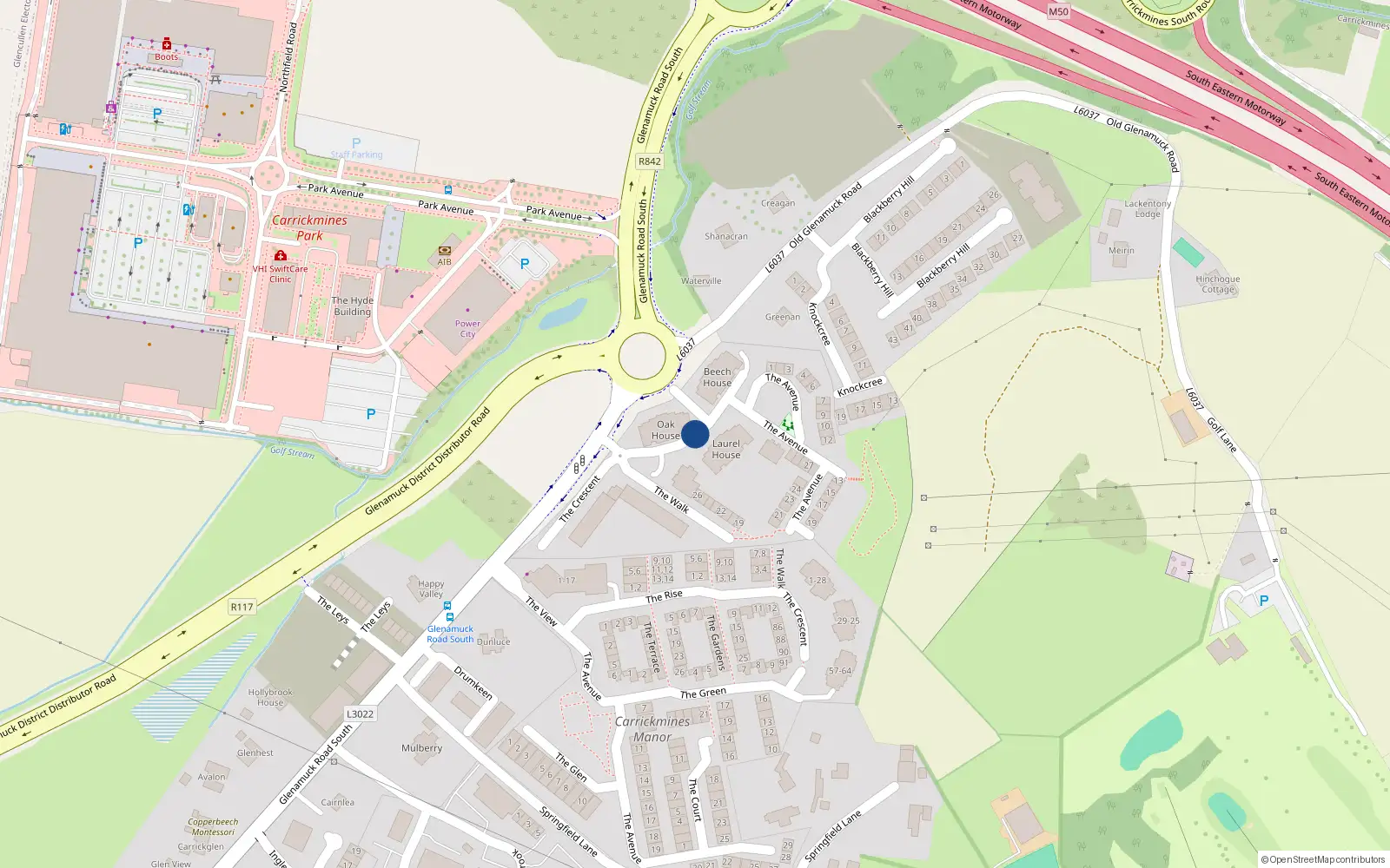 Overhead map showing the location of 2 the Crescent, 2 Carrickmines Green, Carrickmines