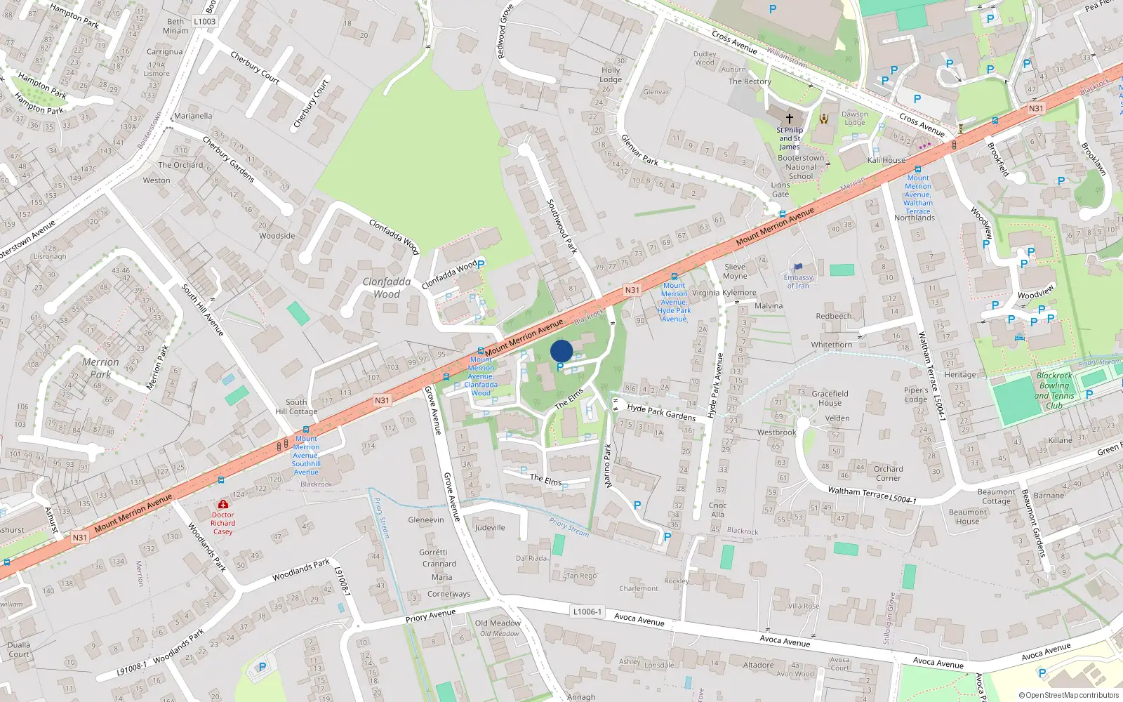 Overhead map showing the location of 2 the Elms, Mount Merrion Avenue, Blackrock