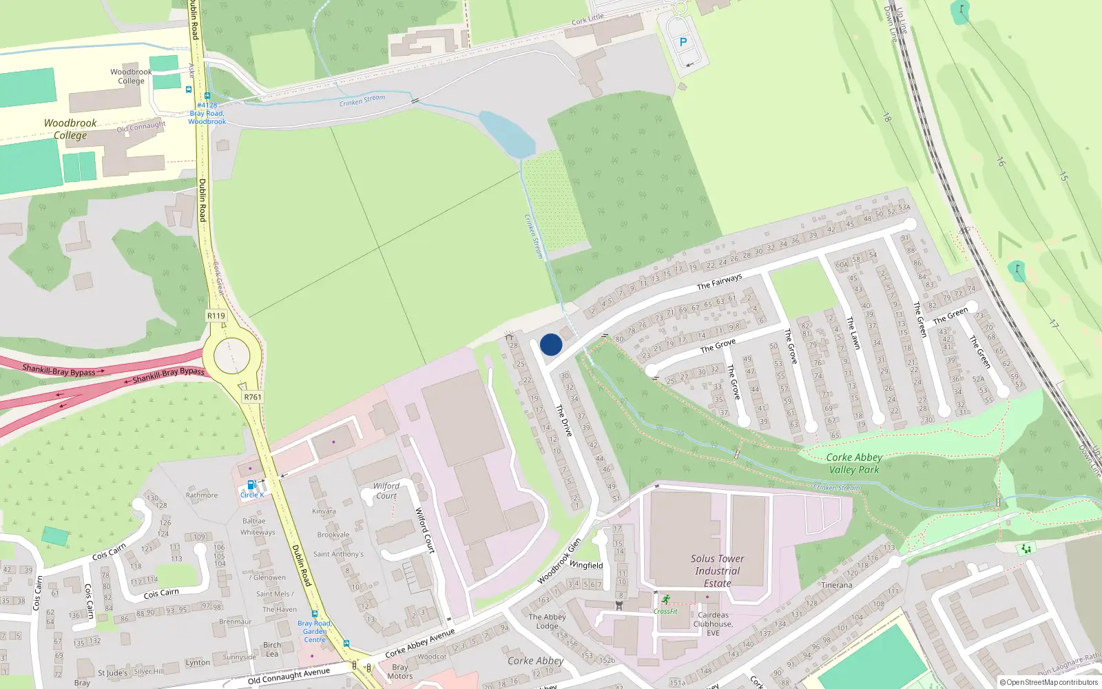 Overhead map showing the location of 2 The Fairways, Bray