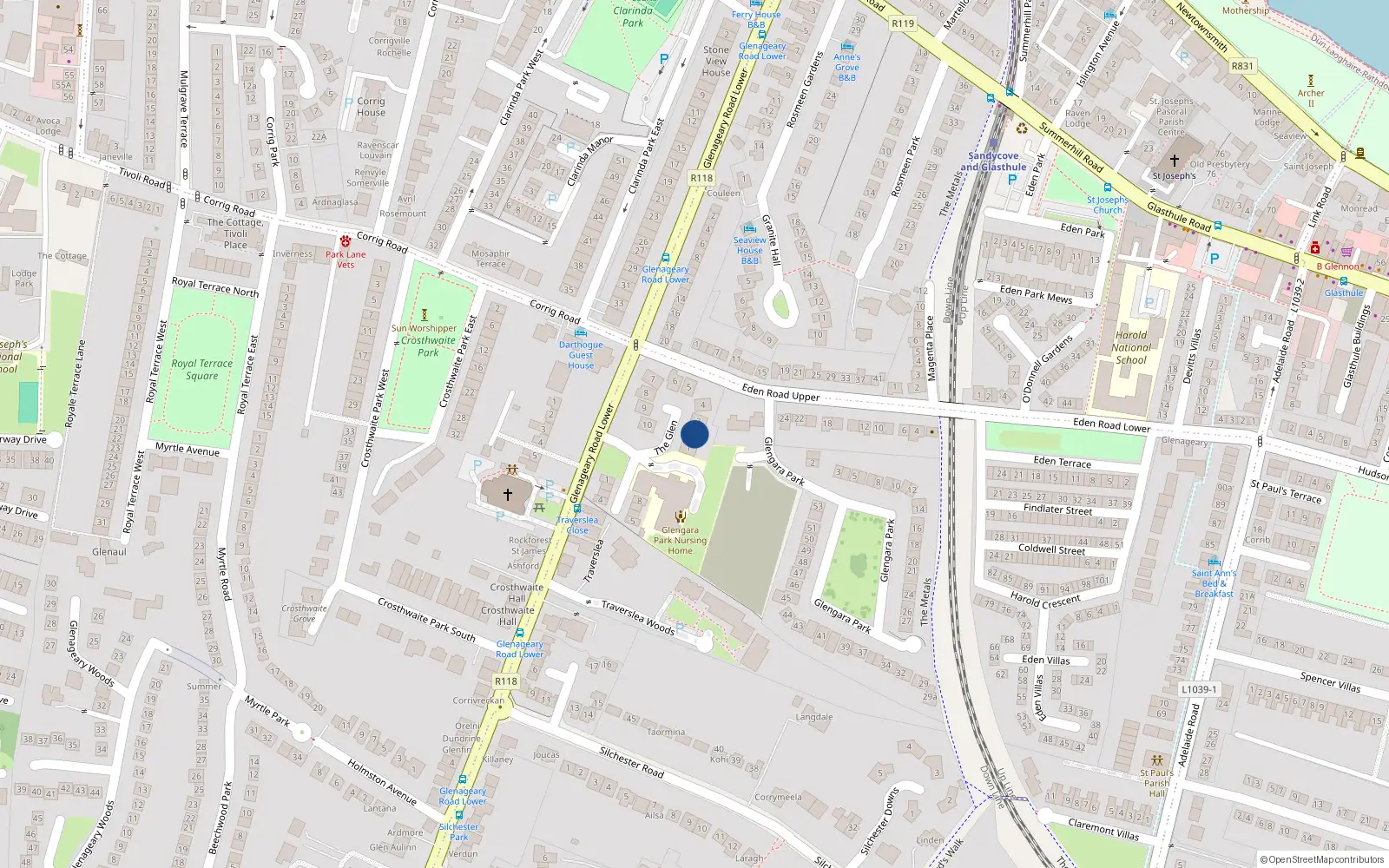 Overhead map showing the location of 2 The Glen, Glenageary