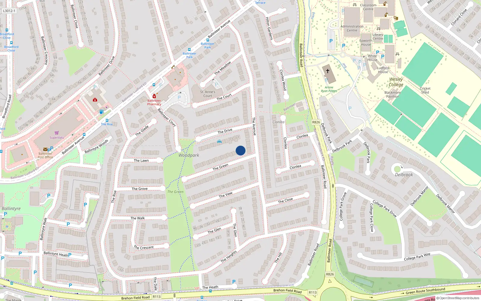 Overhead map showing the location of 2 The Green, Dublin 16