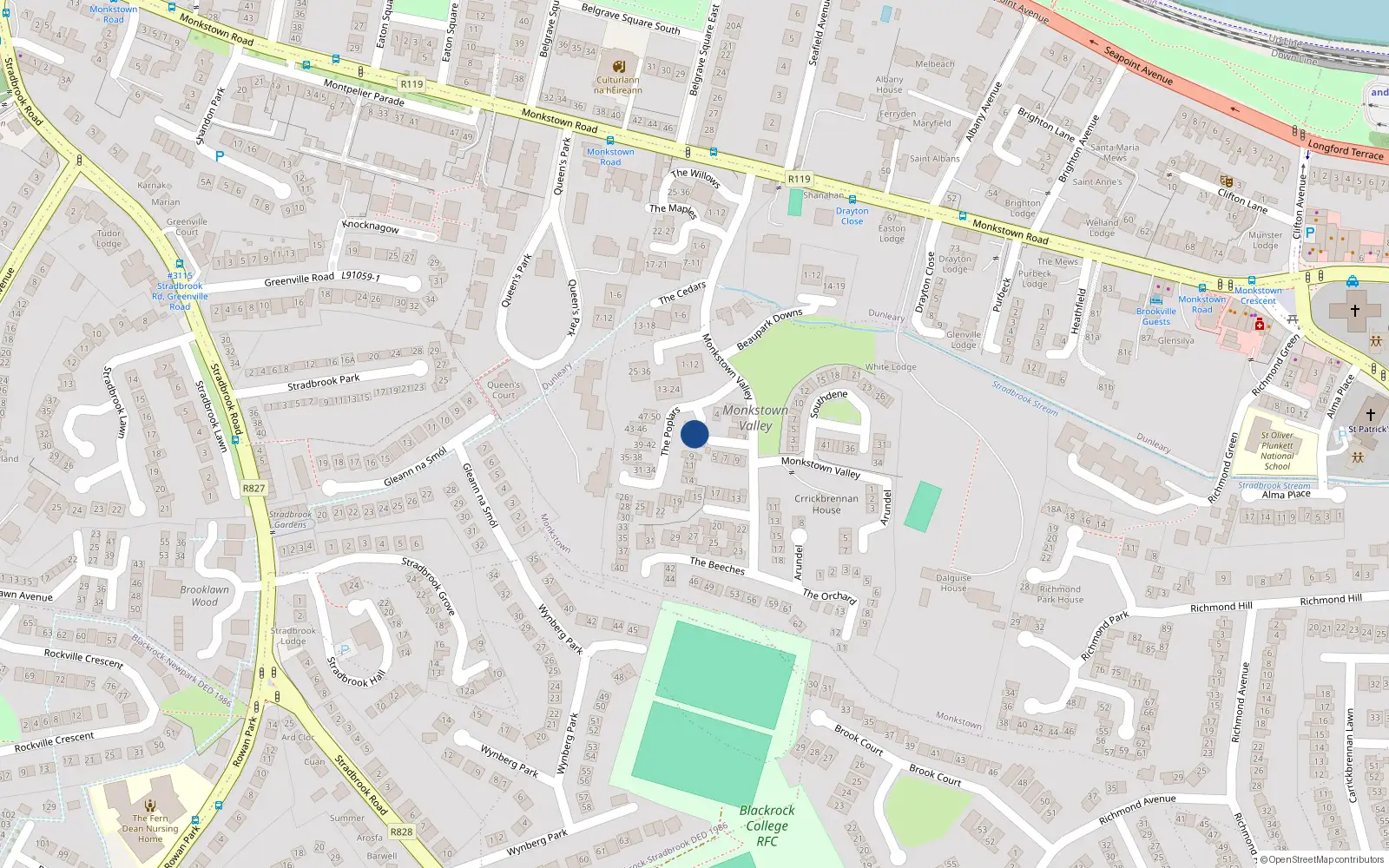 Overhead map showing the location of 2 The Poplars, Monkstown