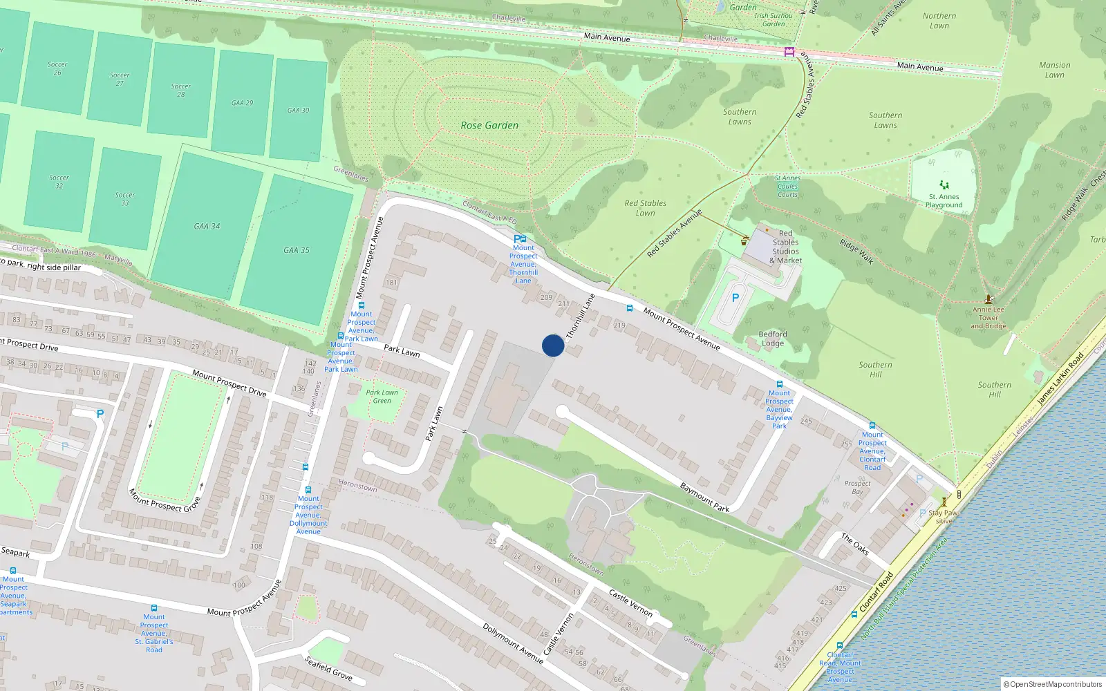 Overhead map showing the location of 2 Thornhill Lane, Mount Prospect Avenue, Clontarf Dublin 3