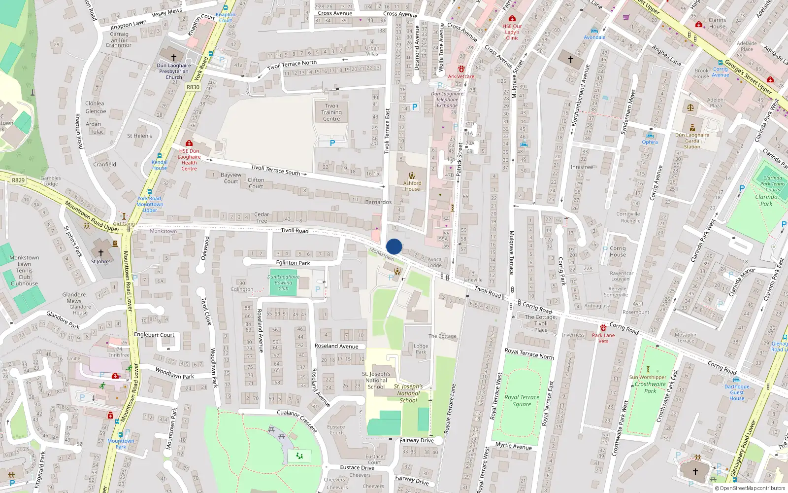 Overhead map showing the location of 2 Tivoli Road, Dun Laoghaire