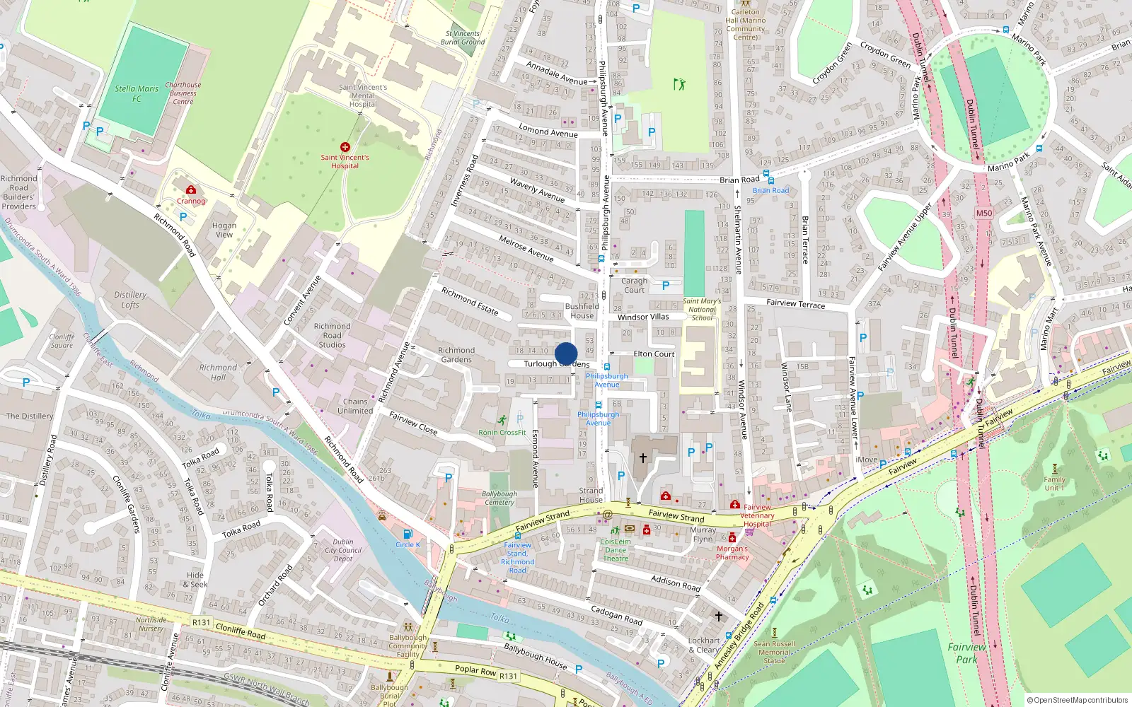 Overhead map showing the location of 2 Torlough Gardens, Fairview, Dublin 3