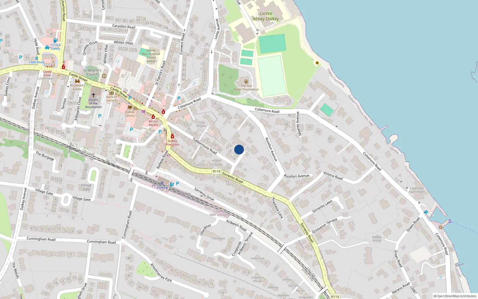 Overhead map showing the location of 2 Tubbermore Avenue, Dalkey