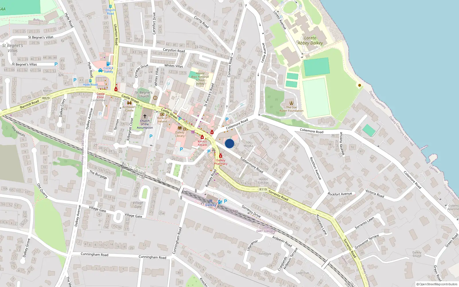 Overhead map showing the location of 2 Tubbermore Road, Dalkey