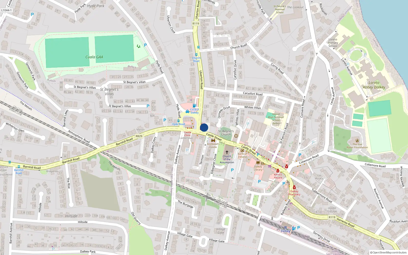 Overhead map showing the location of 2 Ulverton Place, Dalkey, Dublin