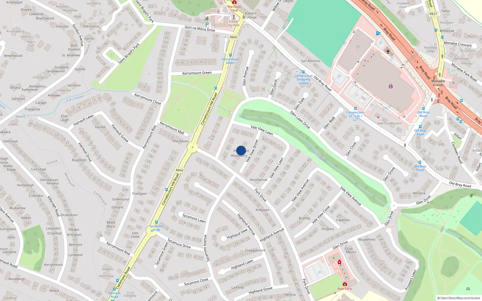 Overhead map showing the location of 2 Vale View Grove, Dublin 18