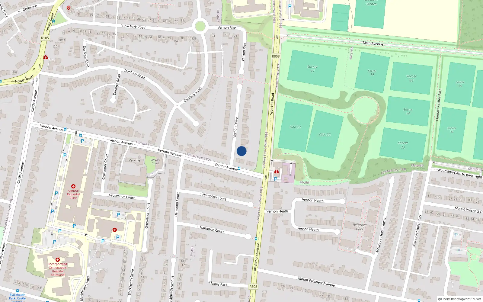Overhead map showing the location of 2 Vernon Drive, Clontarf, Dublin 3