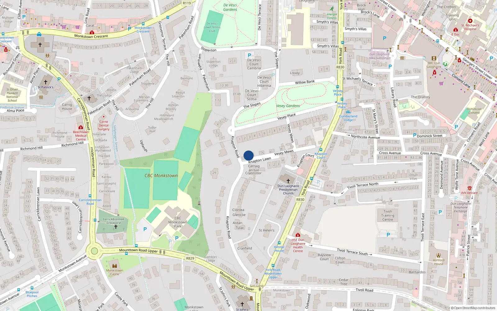 Overhead map showing the location of 2 Vesey Mews, Dun Laoghaire