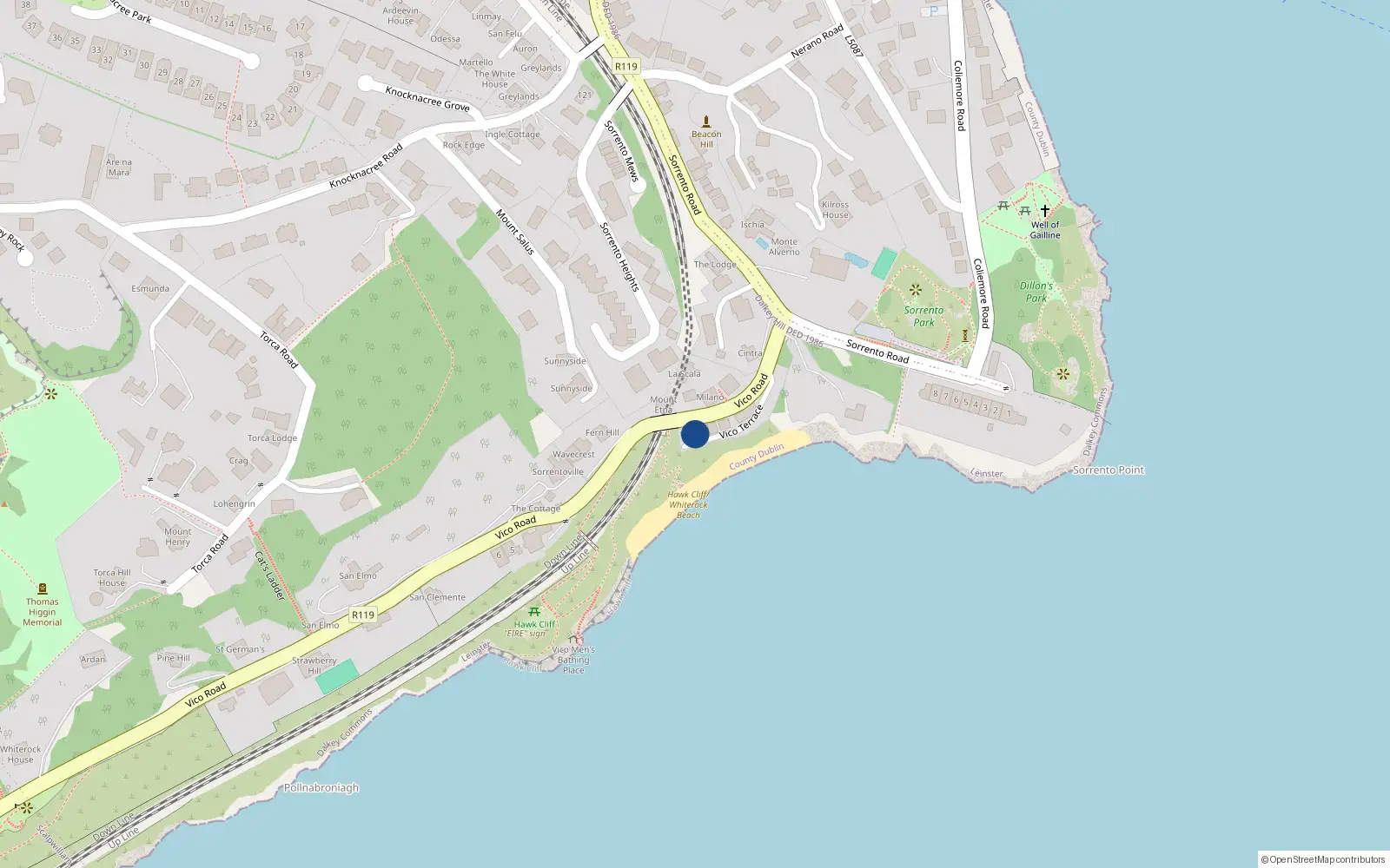 Overhead map showing the location of 2 Vico Road, Killiney
