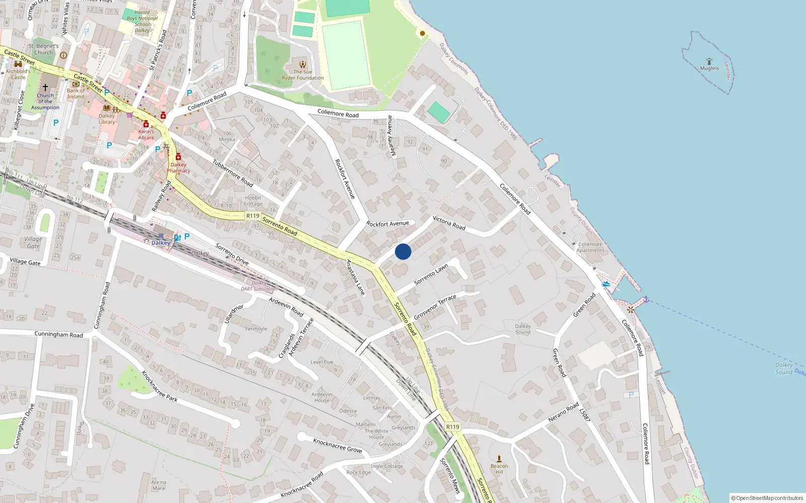 Overhead map showing the location of 2 Victoria Road, Dalkey, Dublin