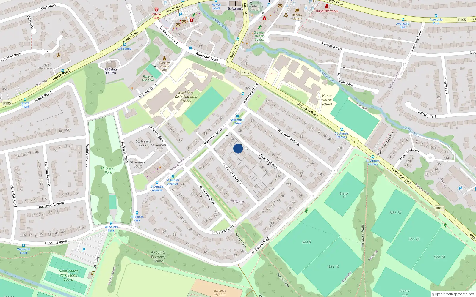 Overhead map showing the location of 2 Watermill Park, Raheny Dublin 5, Dublin