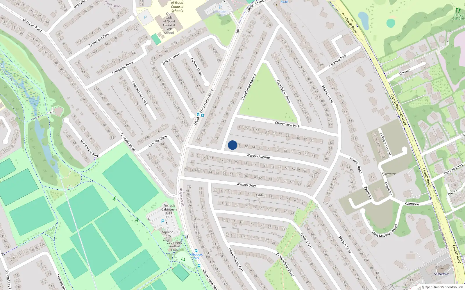 Overhead map showing the location of 2 Watson Avenue, Killiney