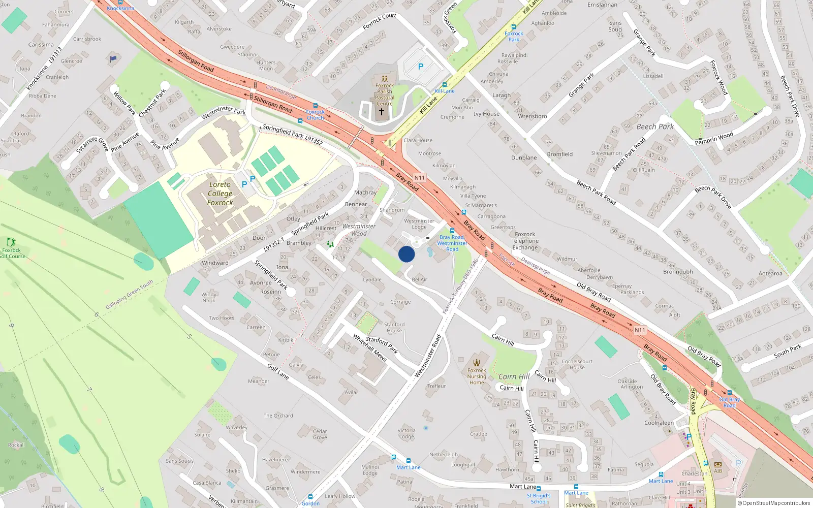 Overhead map showing the location of 2 Westminster Grove, Bray Road, Dublin 18