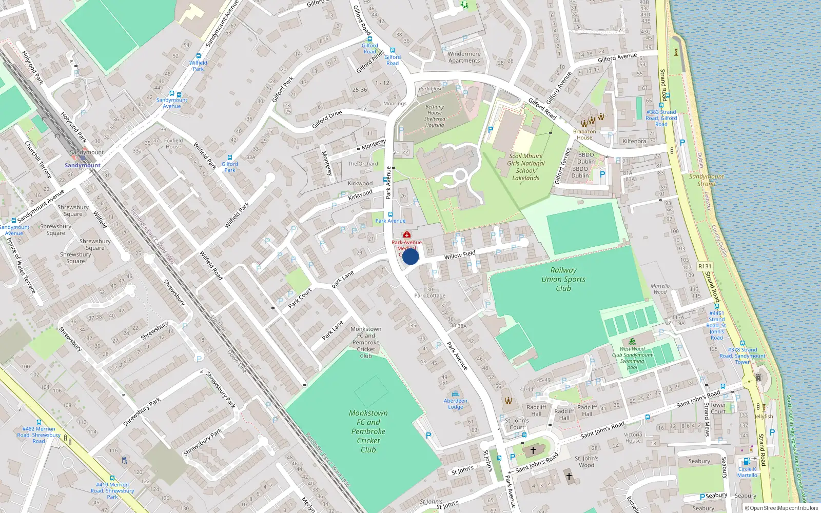 Overhead map showing the location of 2 Willow Field, Sandymount