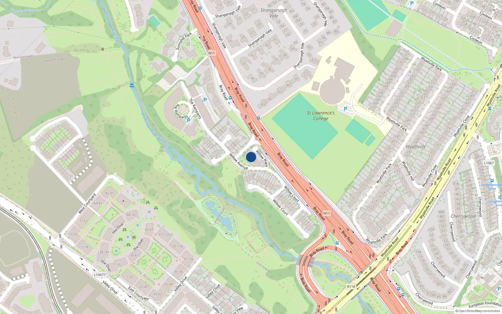 Overhead map showing the location of 2 Willow Place, Dublin 18