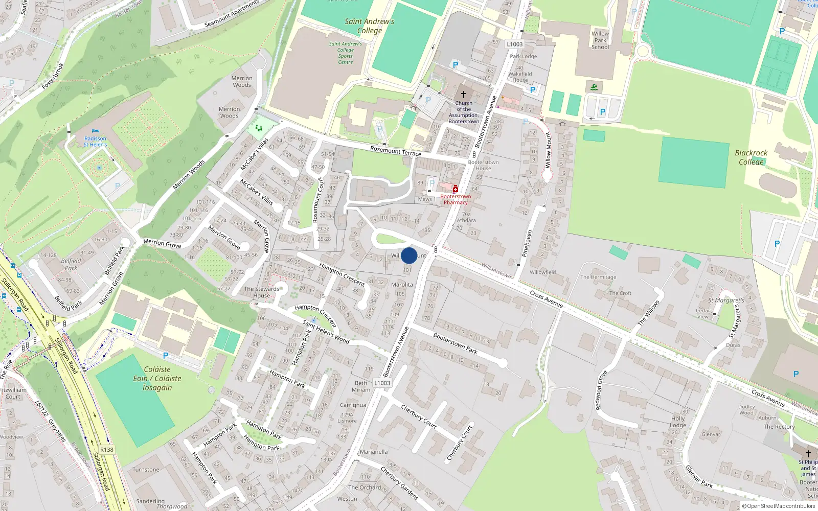 Overhead map showing the location of 2 Willowmount, 99 Booterstown Avenue, Blackrock
