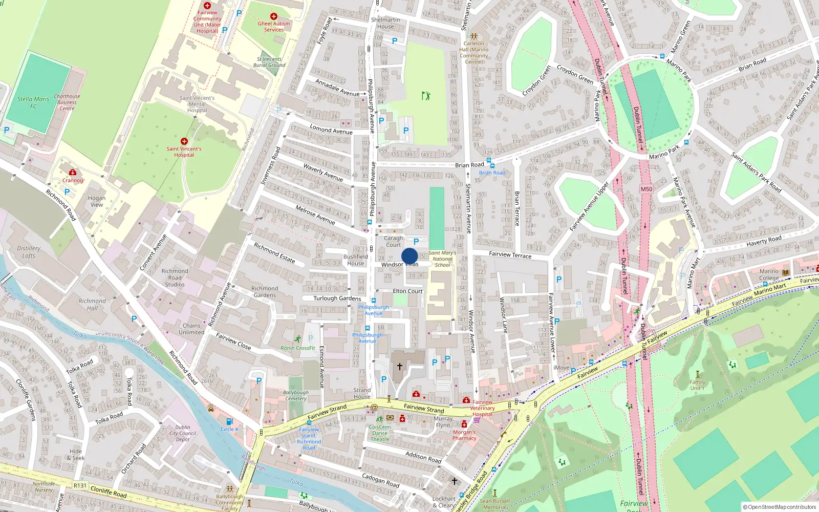 Overhead map showing the location of 2 Windsor Villas, Fairview, Dublin 3