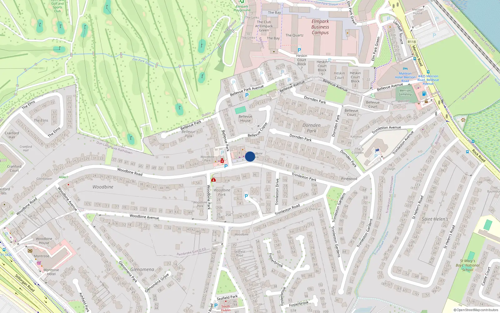 Overhead map showing the location of 2 Woodbine Park, Blackrock, Dublin