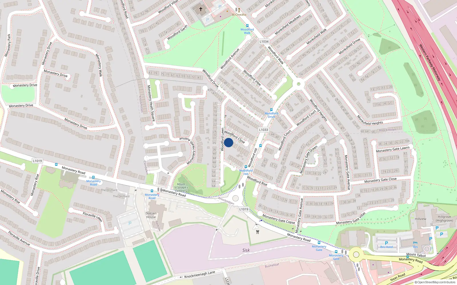 Overhead map showing the location of 2 Woodford Close, Dublin