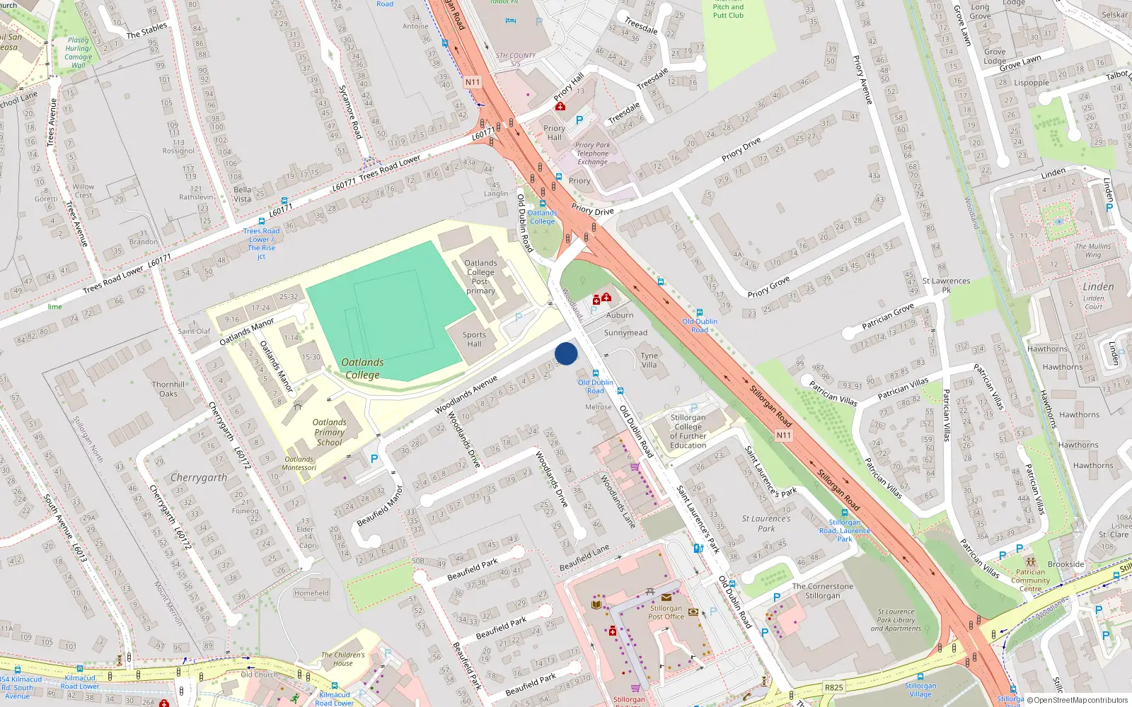 Overhead map showing the location of 2 Woodlands Avenue, Dublin