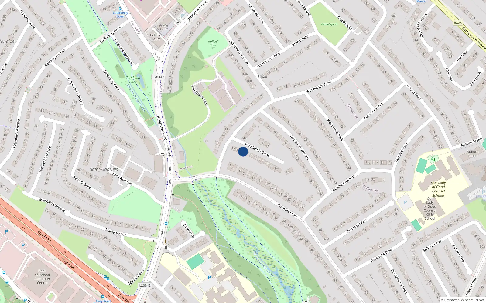 Overhead map showing the location of 2 Woodlands Drive, Dun Laoghaire, Dublin