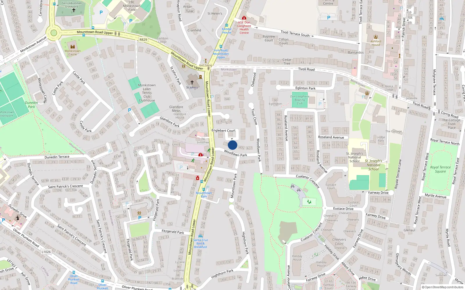 Overhead map showing the location of 2 Woodlawn Park, Dun Laoghaire