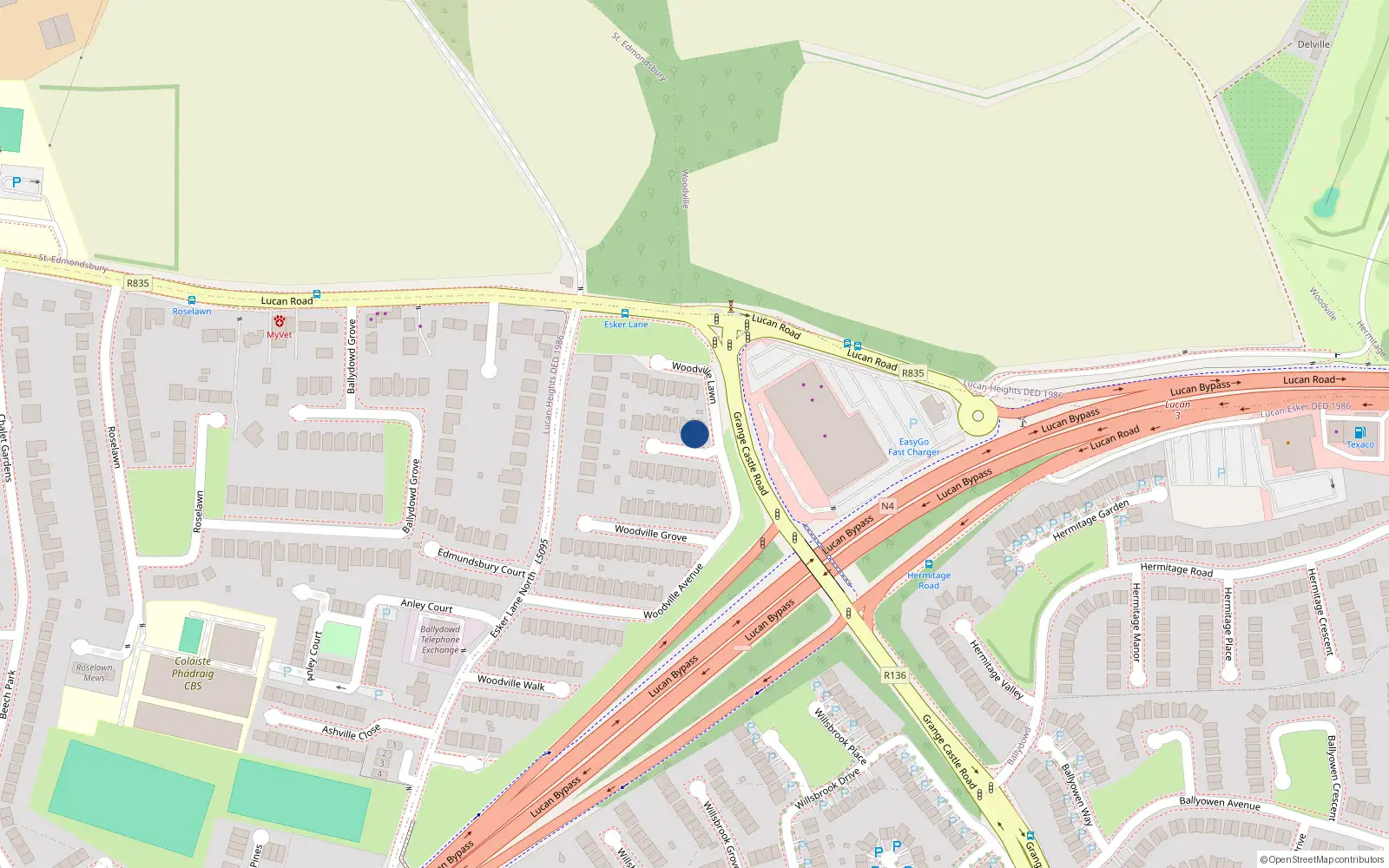 Overhead map showing the location of 2 Woodville Close, Lucan, Dublin