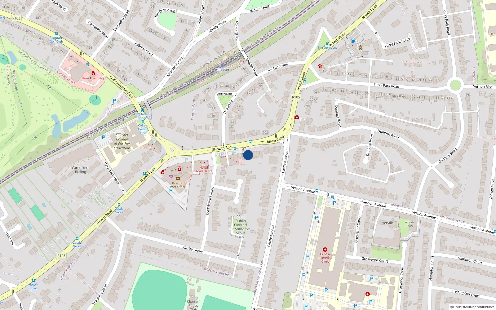 Overhead map showing the location of 2 Woodville, Howth Road, Clontarf