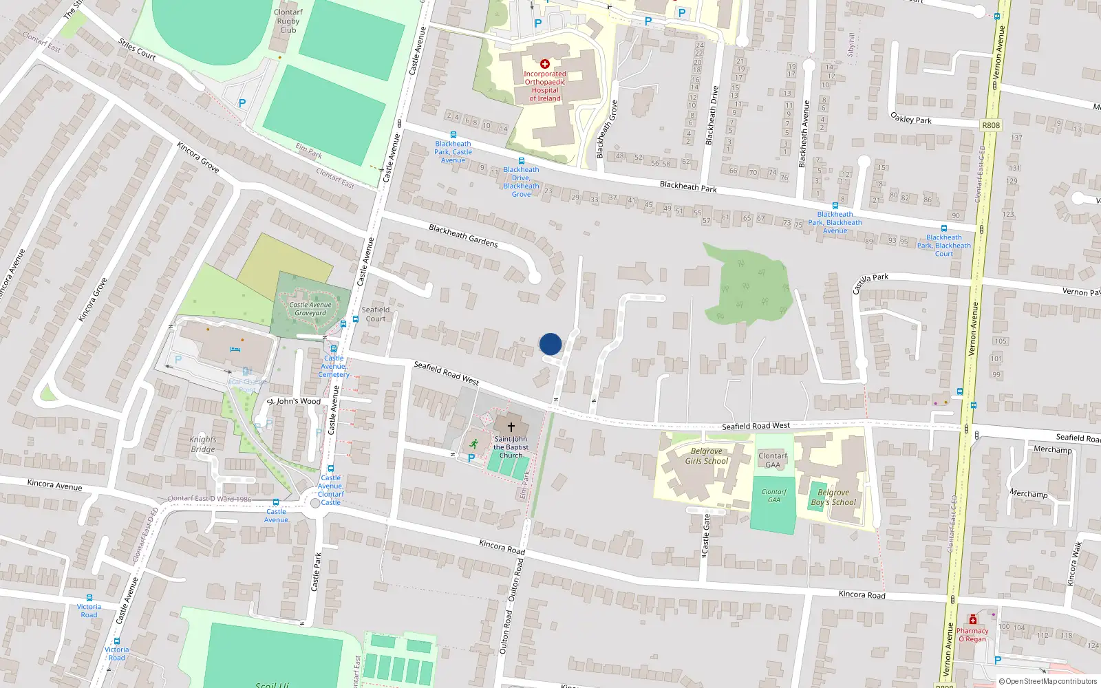 Overhead map showing the location of 2 Yew Lane, Seafield Road West, Clontarf Dublin 3