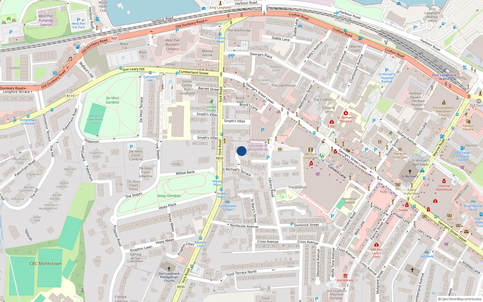 Overhead map showing the location of 2 York Road, Dun Laoghaire