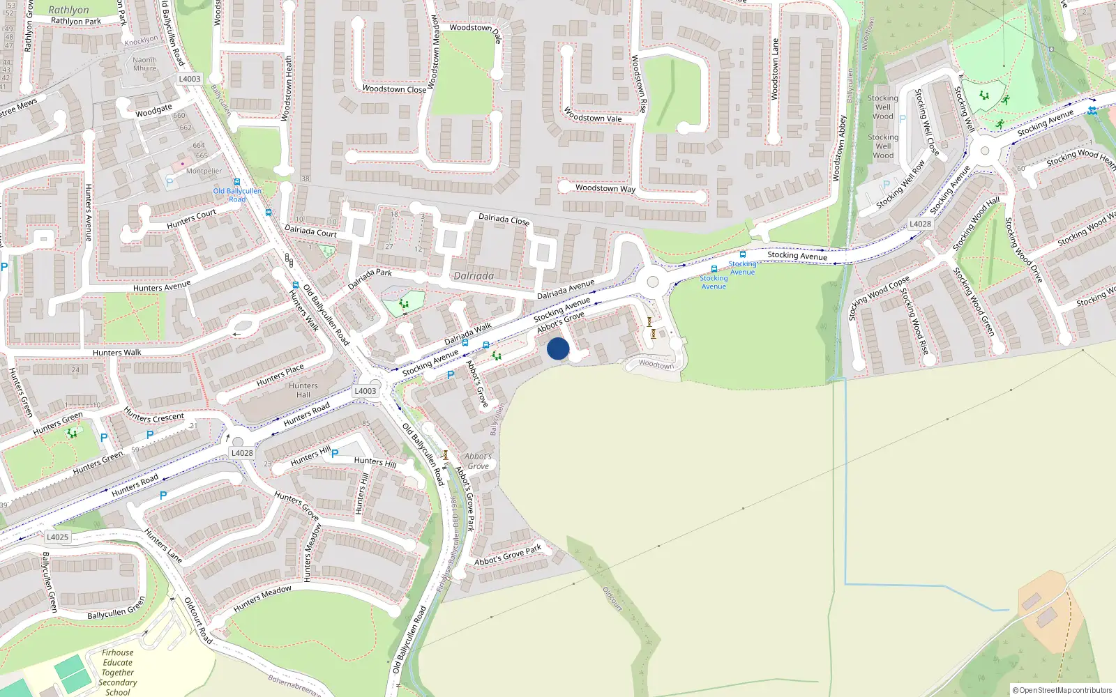 Overhead map showing the location of 20 Abbots Grove Avenue, Dublin 16