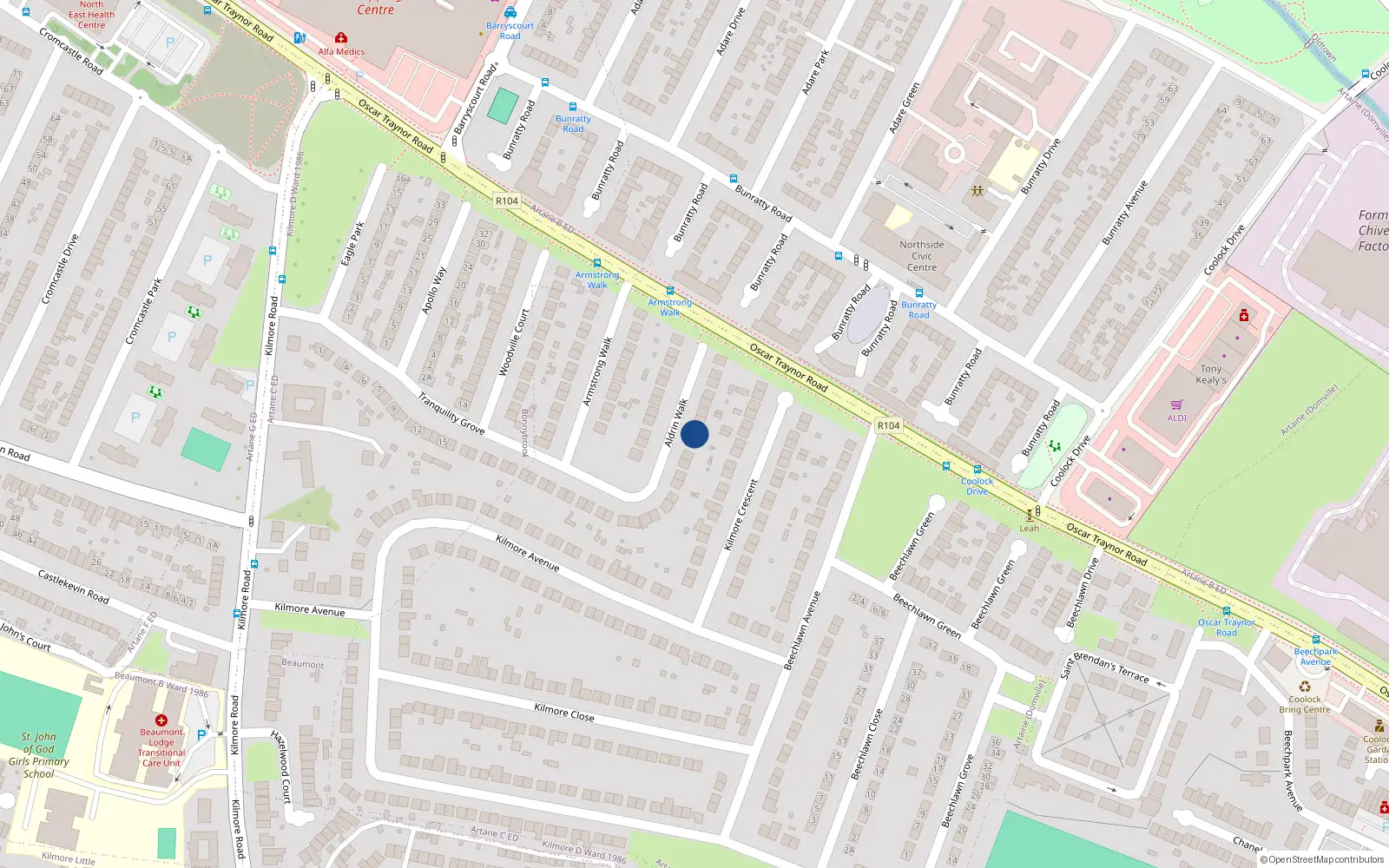 Overhead map showing the location of 20 Aldrin Walk, Woodville Park Est, Artane Dublin 5