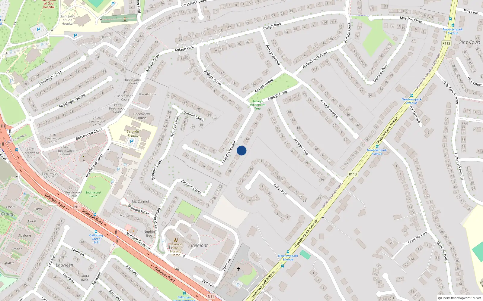 Overhead map showing the location of 20 Ardagh Crescent, Blackrock