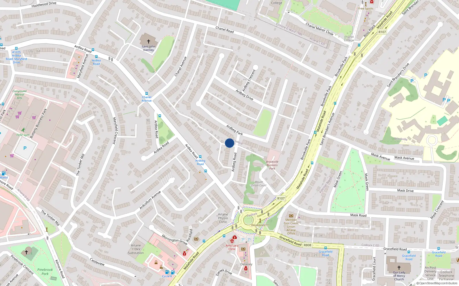 Overhead map showing the location of 20 Ardbeg Road, Artane, Dublin 5