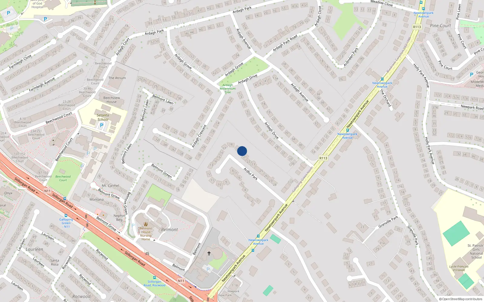 Overhead map showing the location of 20 Ardlui Park, Blackrock