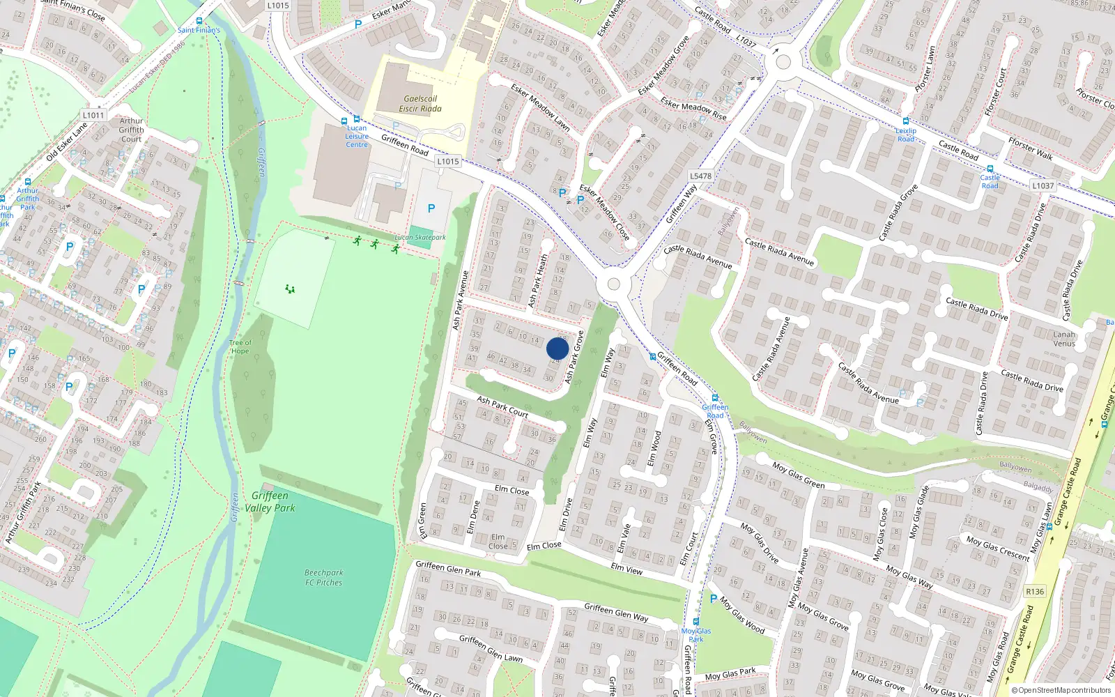 Overhead map showing the location of 20 Ash Park Grove, Lucan, Co Dublin